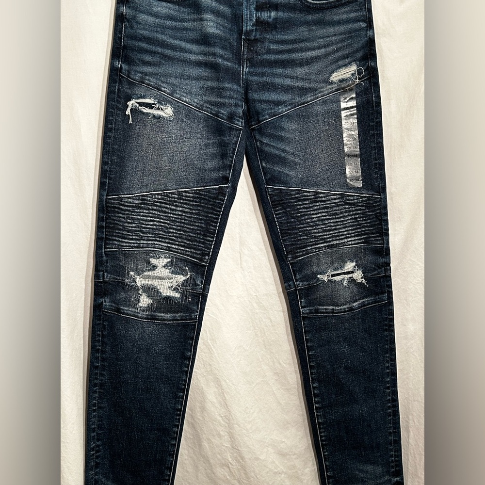 NEW MENS 30 X 38 AMERICAN EAGLE BLUE AIRFLEX+ DARKEN DESTROY SKINNY DENIM JEANS - Picture 2 of 9